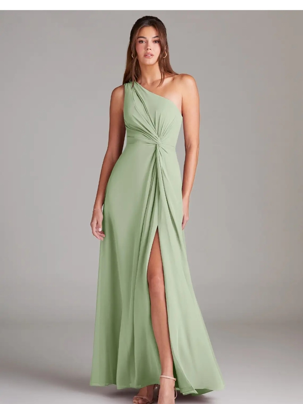 Azazie One-Shoulder Sage Green Draped Gown
